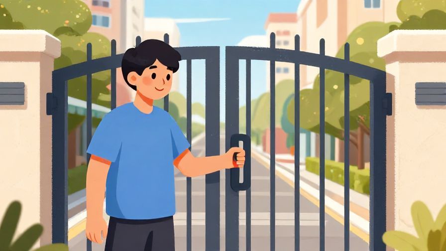 Illustration of a person unlocking a gate with a smile, bright sunny day, detailed background
