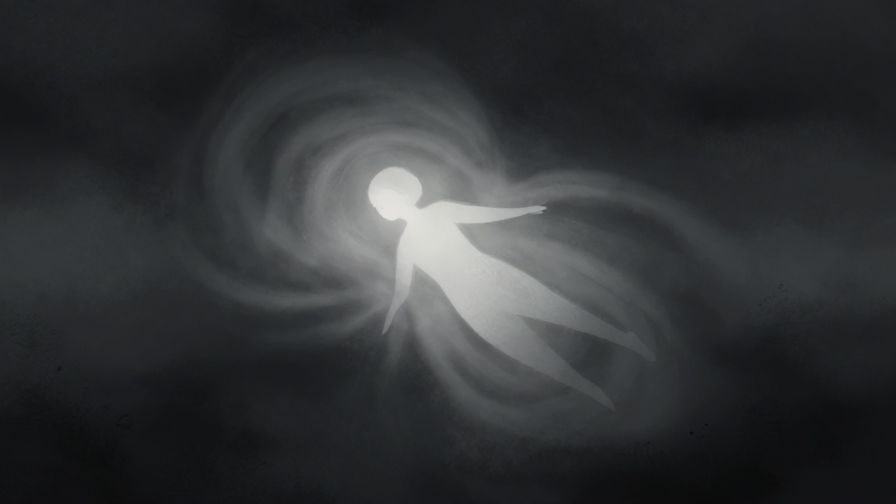 Illustration of a person vanishing into a swirl of mist or light, dark moody background, dramatic lighting, illustrated style