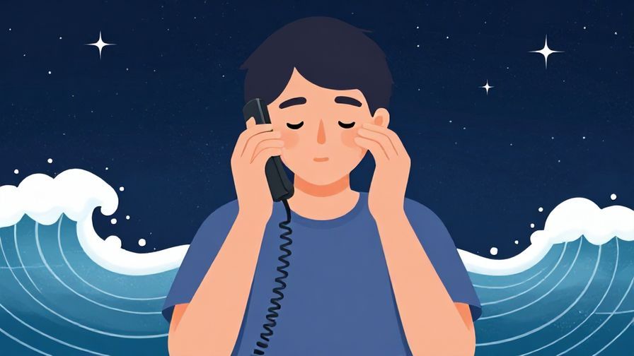 Illustration of a person waiting patiently on the phone, with a calm expression, surrounded by gentle waves and stars