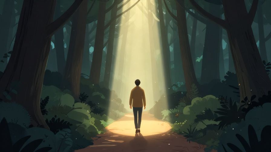 Illustration of a person walking along a glowing path through a forest, guided by soft light beams, symbolizing being led by fate
