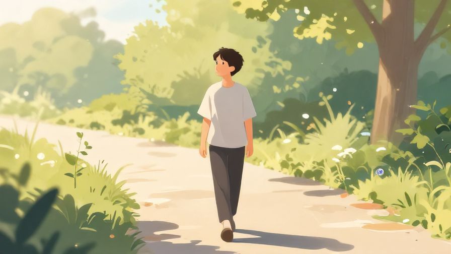 Illustration of a person walking along a path with soft lighting, looking thoughtful, gentle natural background