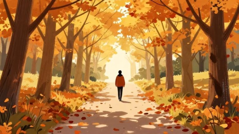 Illustration of a person walking along a path with leaves changing color around them, symbolizing change in life, warm autumn colors, soft light, illustrated style