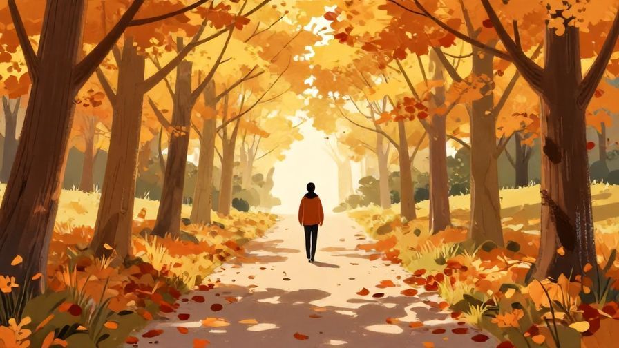 Illustration of a person walking along a path with leaves changing color around them, symbolizing change in life, warm autumn colors, soft light, illustrated style
