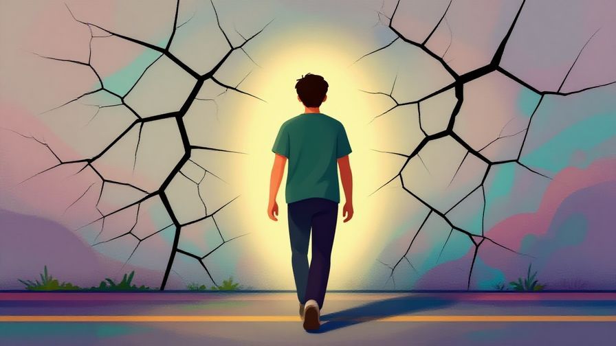 Illustration of a person walking away from a cracked wall that slowly mends behind them, soft glowing light, vibrant colors, illustrated style