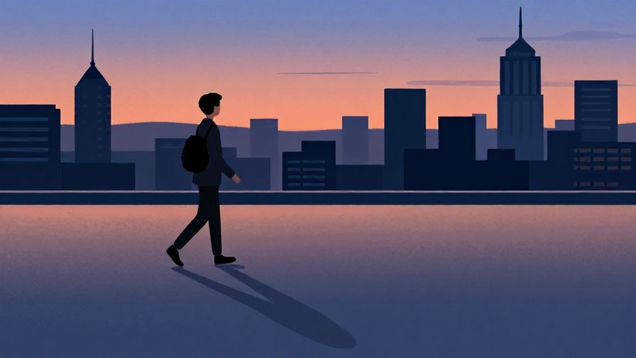 Illustration of a person walking away with a shadow stretching behind, a cityscape background at dusk, illustrated style