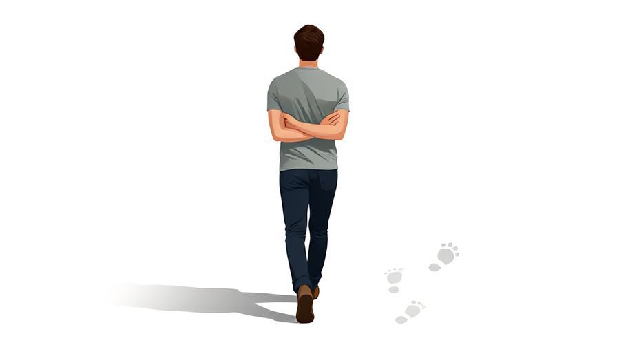 Illustration of a person walking away with crossed arms, fading footprints behind, bright background with shadows, illustrated style