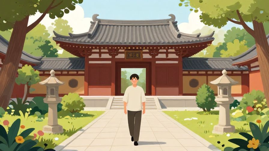 Illustration of a person walking calmly through a traditional temple garden, serene expression, soft natural colors