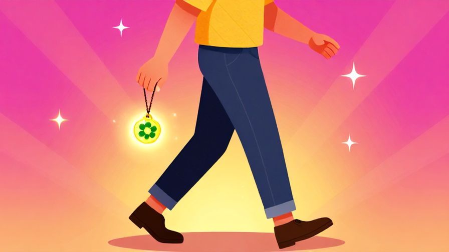 Illustration of a person walking confidently with a glowing lucky charm in hand, sparkling stars around, vibrant and energetic background