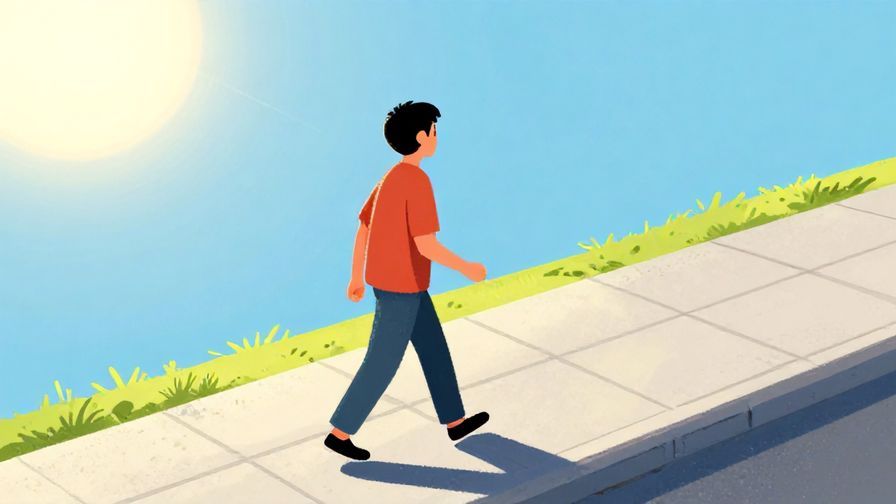 Illustration of a person walking determinedly forward on a sidewalk with a slight upward slope, sun shining, clear sky, vibrant colors, illustrated style