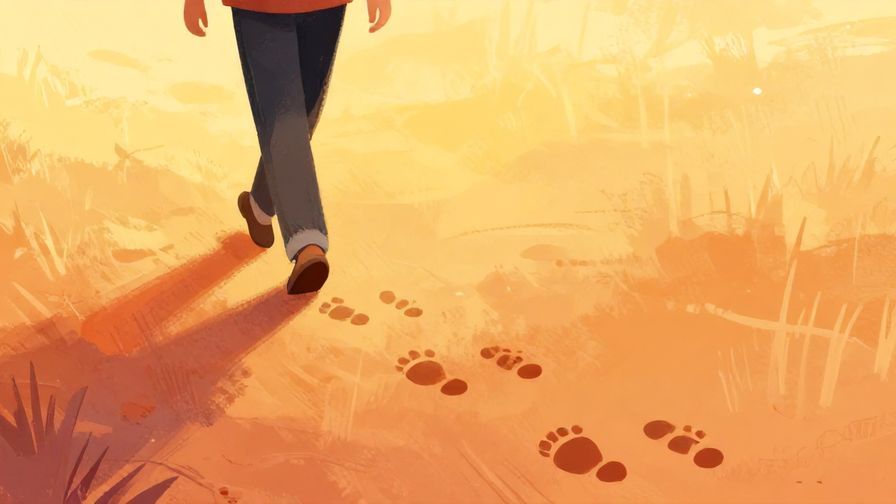 Illustration of a person walking forward with footprints fading behind, symbolizing inevitability of change, warm and hopeful colors, illustrated style