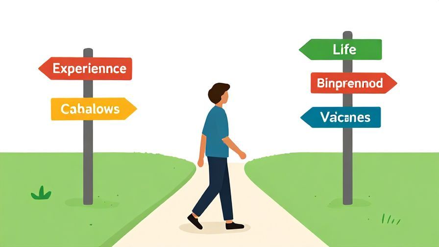 Illustration of a person walking on a path with various signposts, symbolizing life experiences