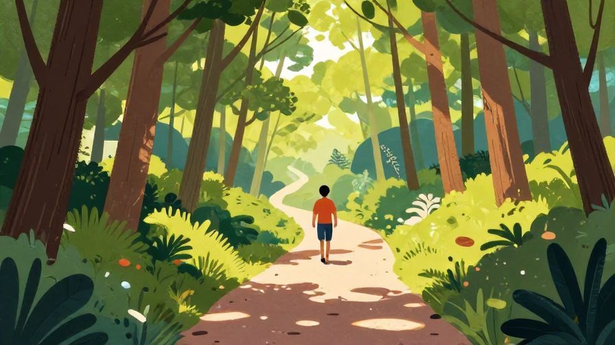 Illustration of a person walking slowly along a peaceful forest path, soft sunbeams filtering through trees, vibrant colors, illustrated style