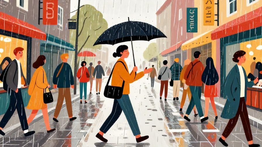 Illustration of a person walking through a bustling street, rain falling but holding an umbrella, accepting expression, vibrant colors, illustrated style