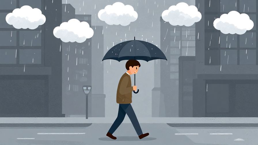 Illustration of a person walking under an umbrella with small rain clouds above, looking a bit down but hopeful, city street background