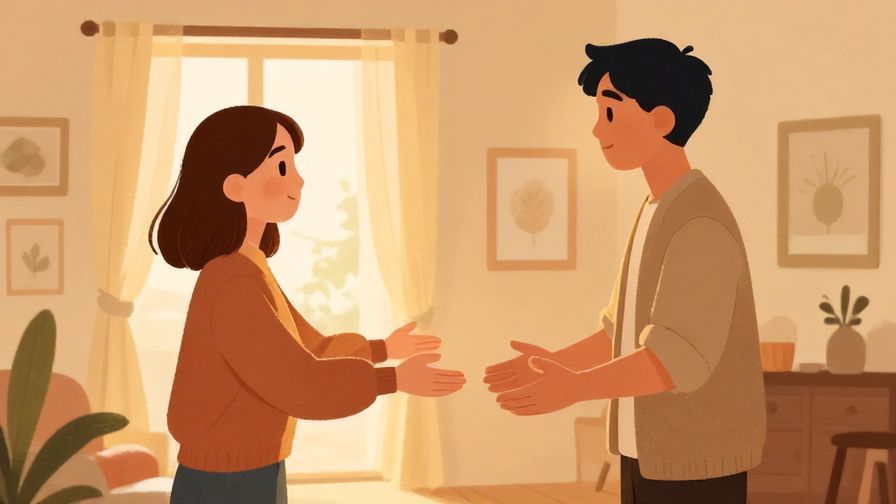 Illustration of a person warmly welcoming another into their home with open arms, cozy interior lighting, illustrated style