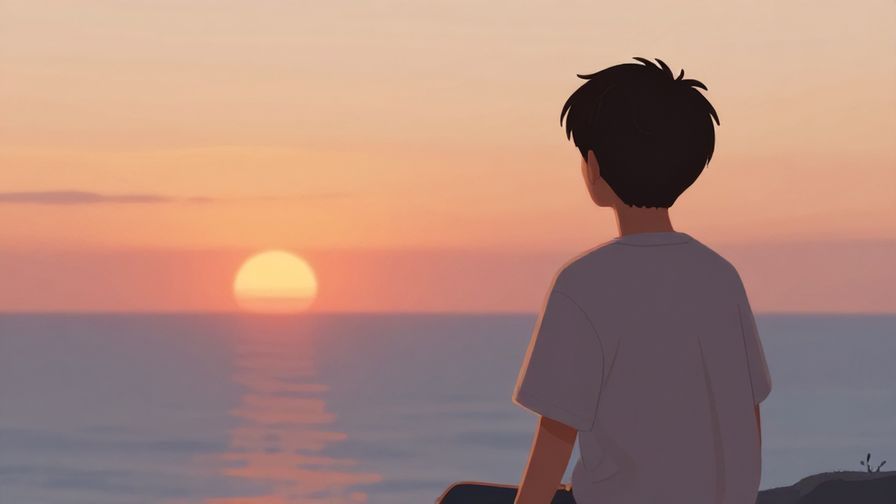 Illustration of a person watching a sunset over the ocean, thoughtful and serene, soft warm colors