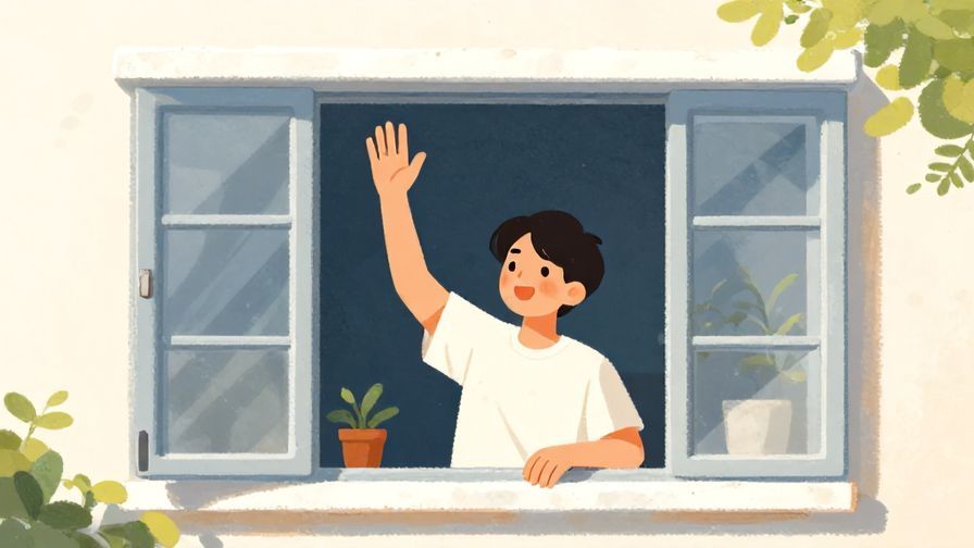 Illustration of a person waving casually from a window, bright and cheerful environment, illustrated style
