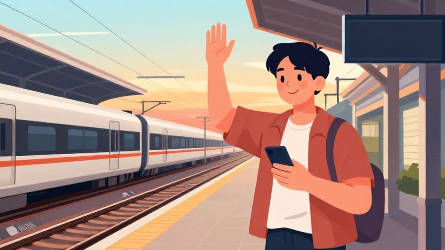 Illustration of a person waving goodbye and holding a phone, standing at a train station with bright sunset colors