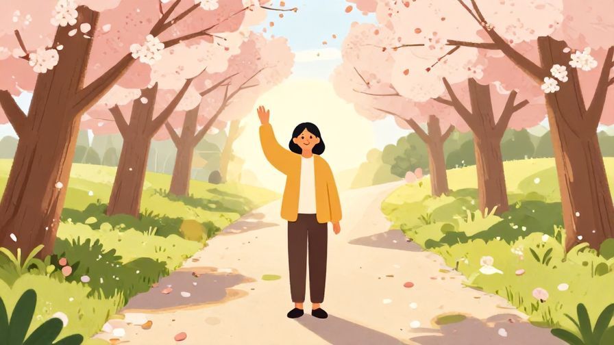 Illustration of a person waving goodbye warmly, standing on a path lined with blossoming trees and gentle sunlight