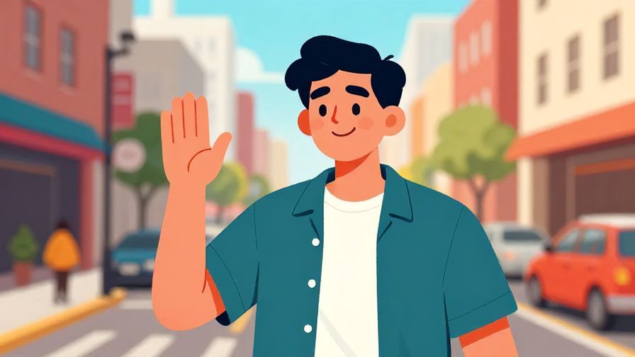 Illustration of a person waving goodbye with a confident smile, urban street background during the day, vibrant colors, illustrated style