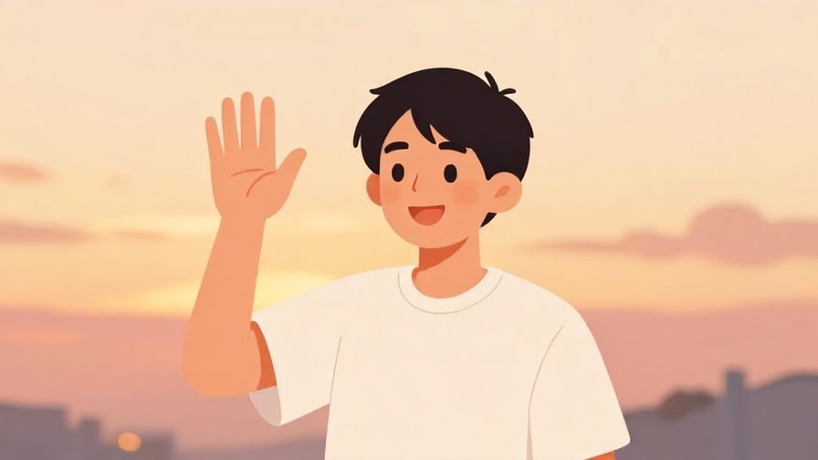 Illustration of a person waving goodbye with a smile, soft sunset background, gentle and hopeful mood
