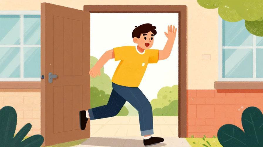 Illustration of a person waving quickly while rushing out a door, excited expression, bright outdoor setting, vibrant colors, illustrated style