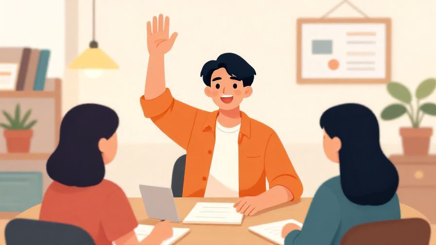 Illustration of a person waving with a bright smile in a casual meeting or introduction scene, colorful and upbeat