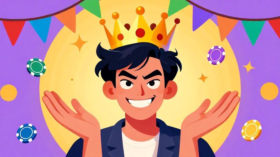 Illustration of a person wearing a playful crown with a mischievous grin, surrounded by small losing game tokens, colorful festive background