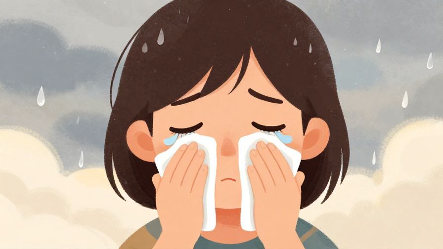 Illustration of a person wiping a tear with sad eyes and a soft background of raindrops and cloudy sky, warm illustrated style
