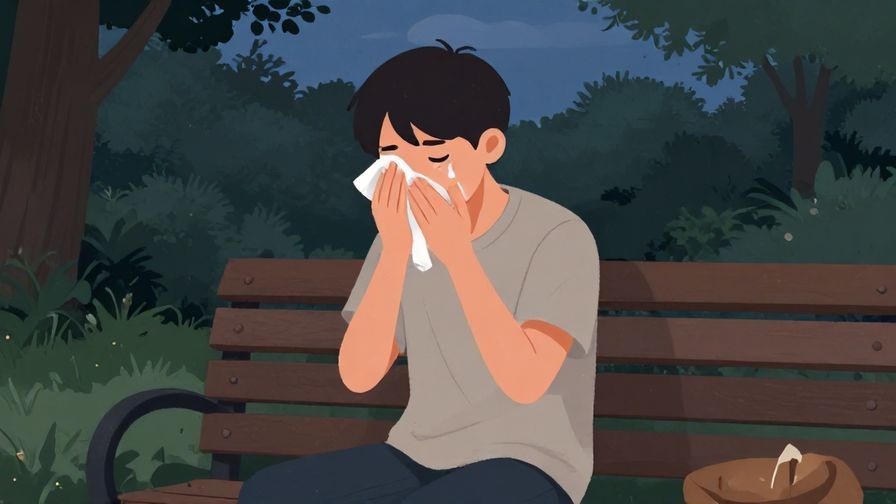 Illustration of a person wiping away tears with a small smile, sitting alone on a park bench at dusk