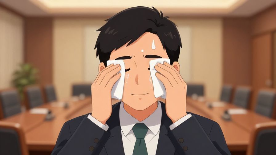 Illustration of a person wiping sweat from their brow with a relieved smile, formal background like a conference room