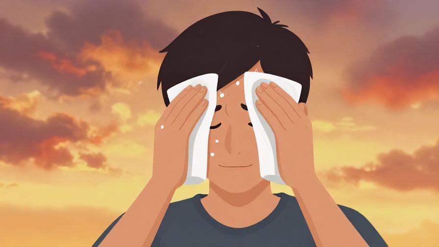 Illustration of a person wiping sweat from their forehead with a relieved smile, dramatic sky backdrop, warm colors