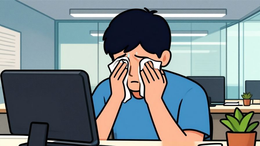 Illustration of a person wiping sweat from their forehead after finishing work, office background, bright colors