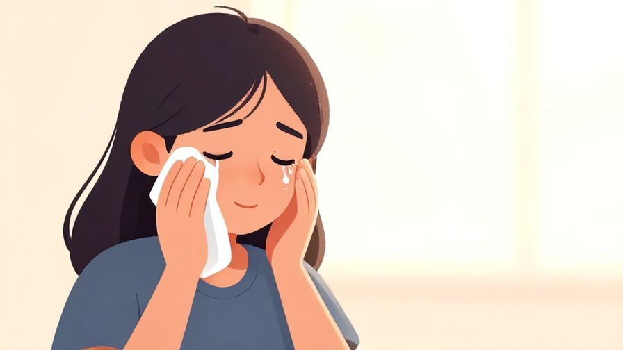 Illustration of a person wiping tears with a relieved smile, soft glowing background, heartfelt and emotional atmosphere