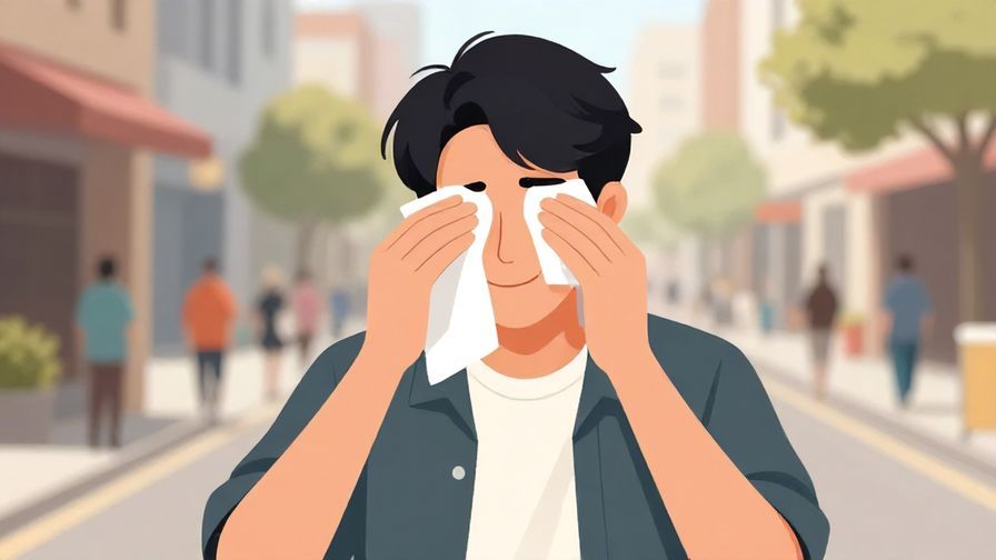 Illustration of a person wiping their forehead smiling with relief, casual street scene background