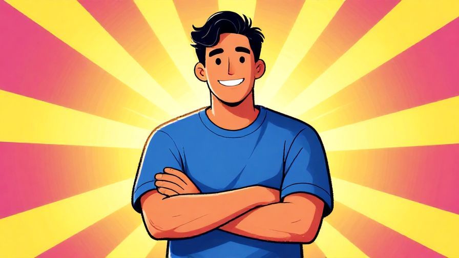 Illustration of a person with a big confident smile, arms crossed, surrounded by bright rays, casual clothes, vibrant colors