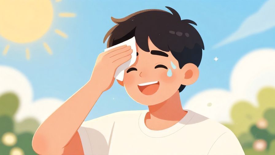 Illustration of a person with a big relieved smile, wiping sweat from their forehead, bright sunny background, casual and cheerful mood