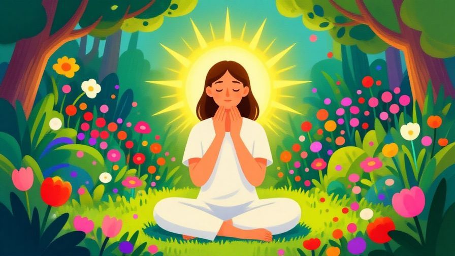 Illustration of a person with a bright aura breathing deeply in a tranquil garden, symbolizing calm spirit and life, vibrant colors, illustrated style