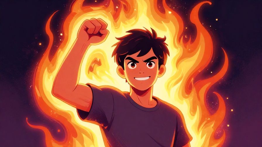 Illustration of a person with a bright, fiery aura, raising their fist with a determined smile, vibrant colors, illustrated style