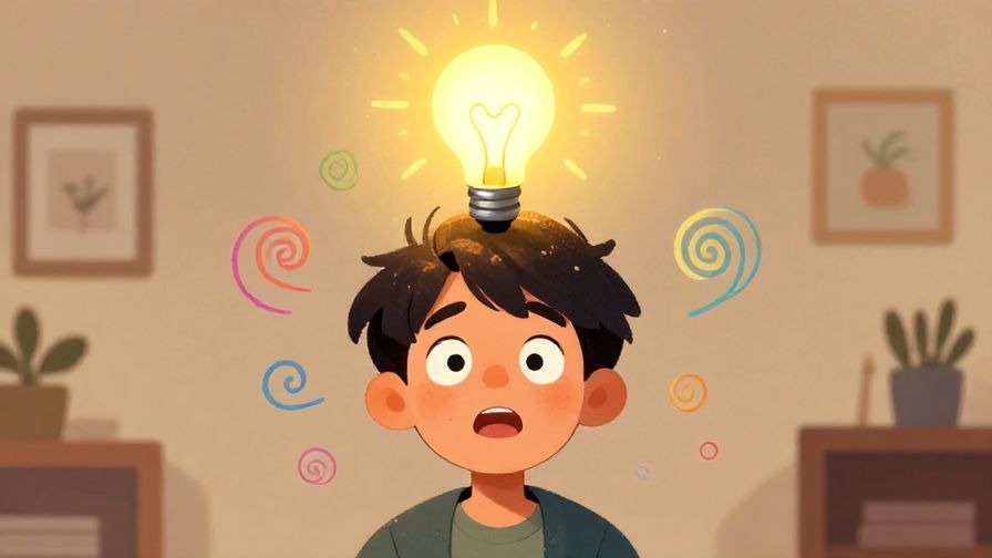 Illustration of a person with a bright lightbulb popping up above their head, eyes wide with excitement, colorful swirls around, cozy room background, illustrated style