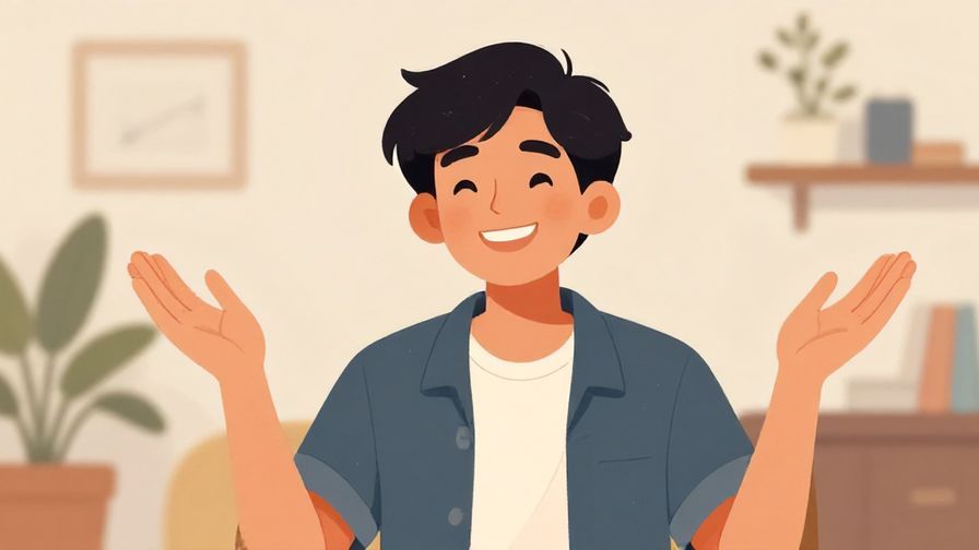 Illustration of a person with a carefree smile and hands raised, relaxed casual environment