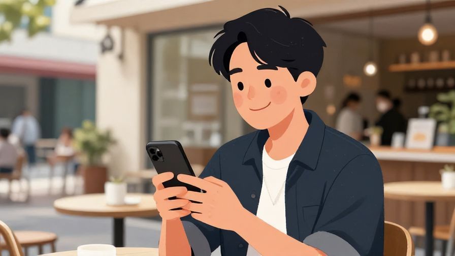 Illustration of a person with a cheeky smile holding a phone, casual street cafe background