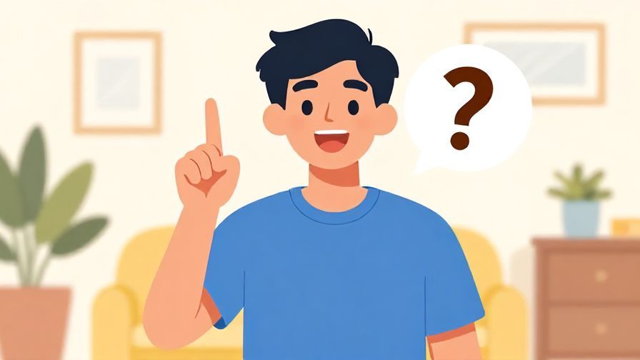 Illustration of a person with a cheerful expression, holding a finger up as if about to ask, bright casual room