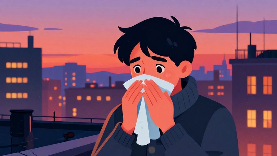 Illustration of a person with a cold expression, looking away, urban rooftop at dusk, vibrant colors, illustrated style