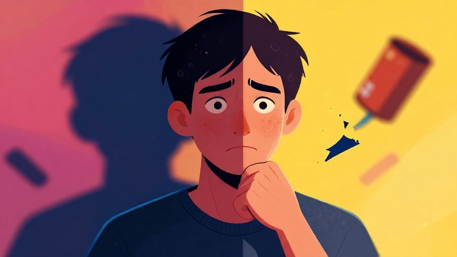 Illustration of a person with a conflicted expression, half in shadow, a blurred background of a broken object, vibrant colors, illustrated style