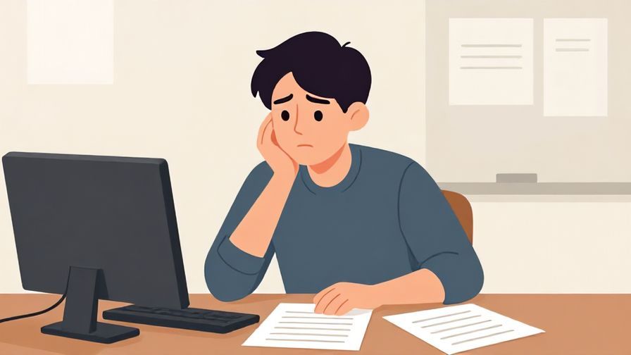 Illustration of a person with a confused but polite expression, sitting at a desk with papers