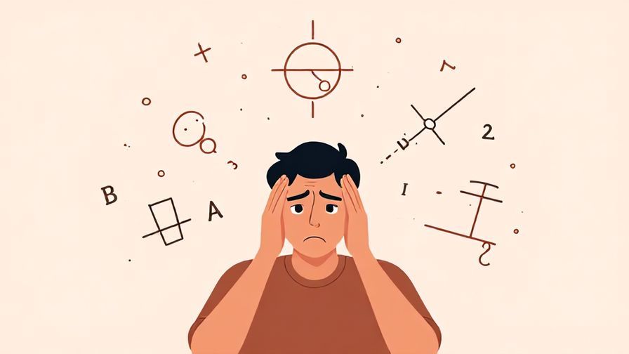 Illustration of a person with a confused look holding their head, surrounded by complex math symbols fading away, pastel background