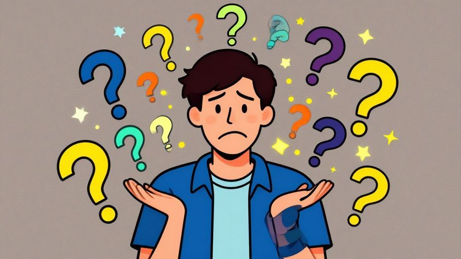Illustration of a person with a confused smile, surrounded by swirling question marks and small floating stars, bright and playful colors