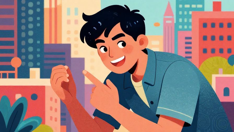 Illustration of a person with a daring smile, slightly leaning forward, inviting challenge, detailed vibrant city background