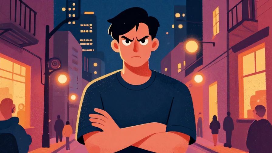 Illustration of a person with a defiant expression, arms crossed, city alley background at night, vibrant colors, illustrated style